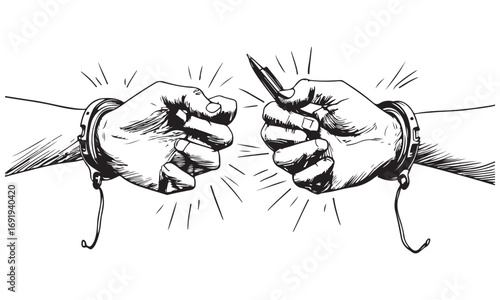 Illustration of hands in handcuffs, one holding pen, symbolizing freedom of speech