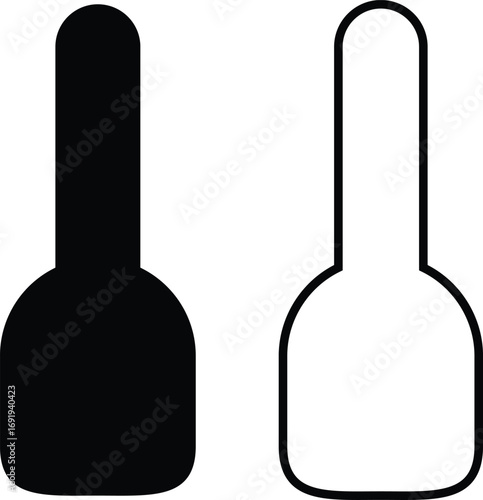 Nail polish bottle icon set in black silhouette and line outline style, beauty cosmetic container group, flat minimal vector collection for manicure, pedicure, and salon design