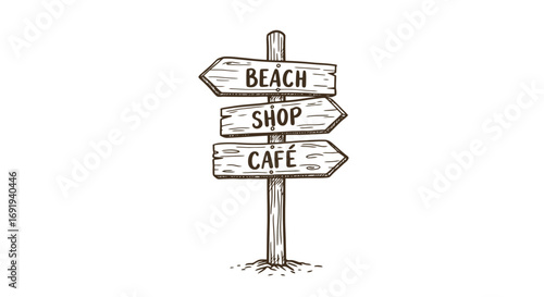 Rustic Wooden Signpost with Beach Shop Cafe Directions.