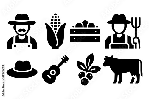 Farming icon set featuring farmers, produce, and tools in bold black silhouette style
