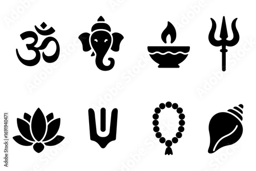 Traditional hindu symbols in black silhouette style