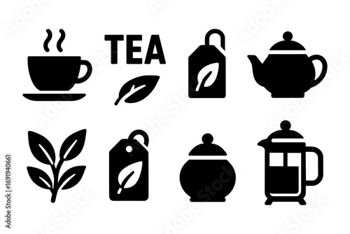 Silhouette icons of tea: cups, pots, leaves, and tags for beverage designs