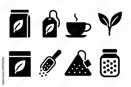 Tea icon collection: silhouette pack of tea bags, leaves, cups, and jars