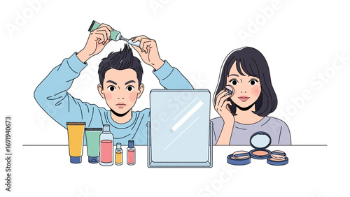 Young man applying hair dye in front of a mirror while a young woman talks on the phone next to makeup products on a table