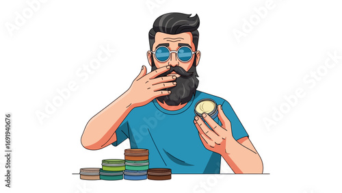 Young bearded man with sunglasses holding a poker chip and looking stressed while sitting at a table with casino chips in a gambling concept illustration