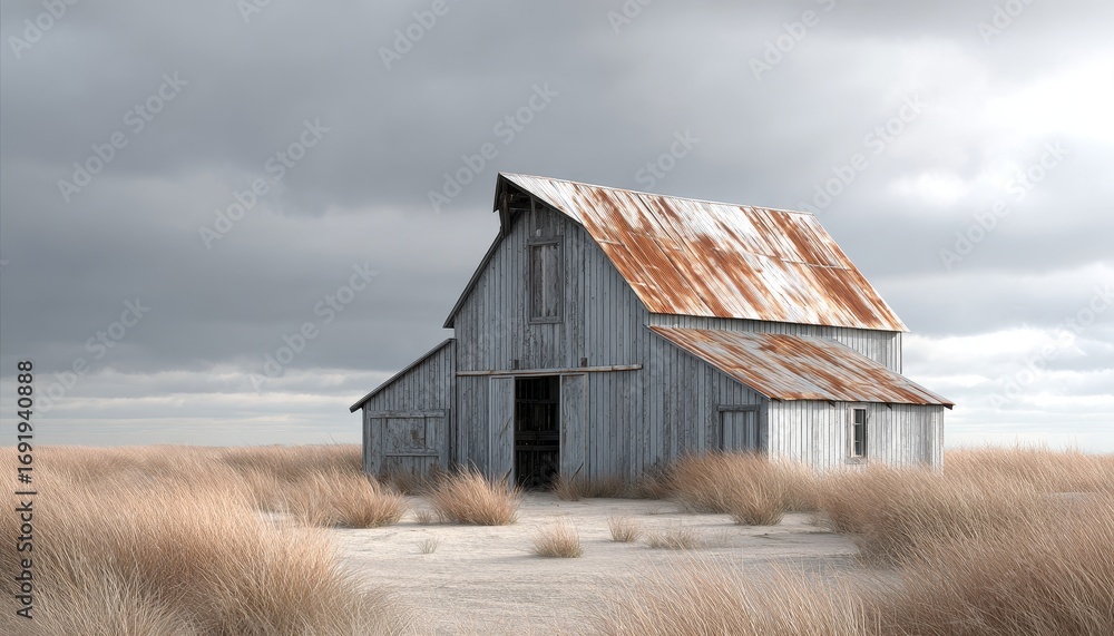 Obraz premium An old barn with a rusty roof is situated in a field under a cloudy sky, showing signs of weathering and neglect.