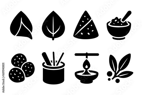 Silhouette icons of herbs and spices: leaves, bowls, and aromatic ingredients