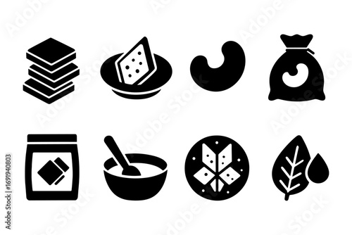 Bold icons of traditional asian ingredients and snacks in silhouette