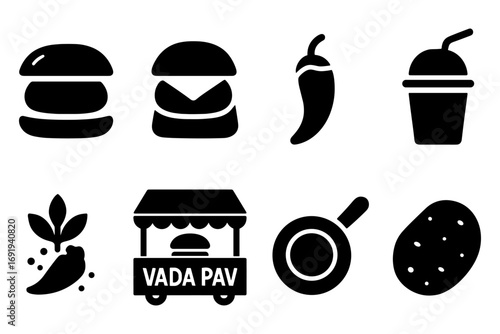 Silhouette icons of indian street food: vada pav, chilli, burger, and fast food