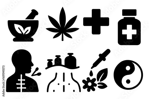 Alternative medicine icons: holistic health, herbal remedies, and natural healing symbols