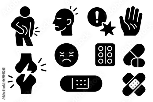 Pain and health icons set: medical silhouette symbols for injury, medication, and treatment