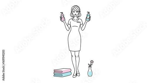 Stylized sketch of a woman in a dress holding up two dumbbells with a stack of books and a small plant nearby