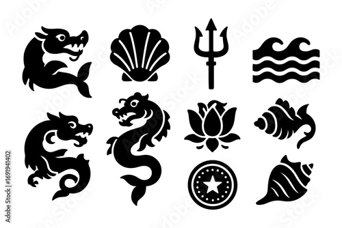 Minimalist nautical and mythical symbols collection in black silhouette style