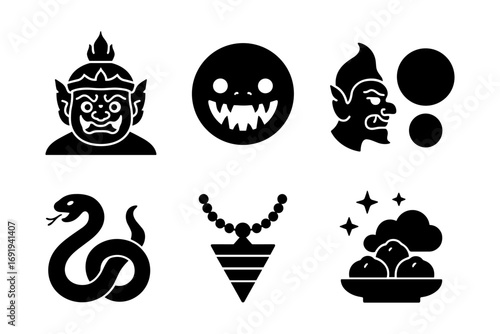 Collection of thai mythical icons and symbols in bold black silhouette style