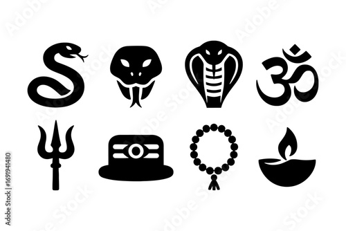 Hindu symbols: shiva, trishula, snake, lingam, rudraksha, om, diya icons in black silhouette