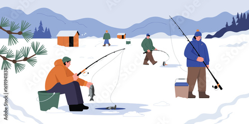 A flat vector illustration depicting peaceful ice fishermen enjoying their favorite pastime, surrounded by snow-covered landscapes and serene winter scenery.
