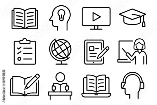 Educational icon set featuring online learning, books, teaching, and digital tools in linear style