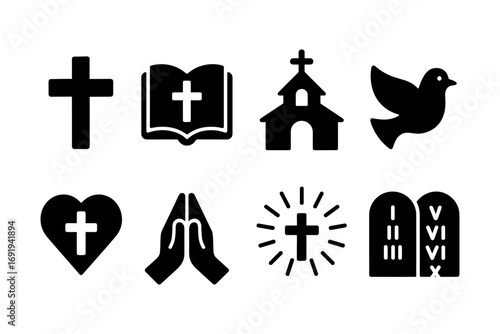 Christian symbols set: cross, bible, church, dove, and more in bold silhouette