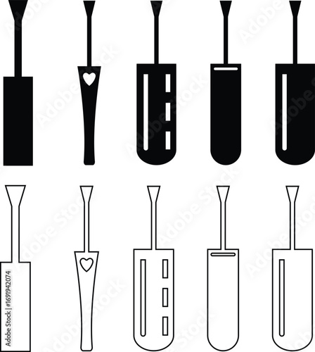 Nail polish brush icon set in black flat silhouette and line outline style, beauty cosmetic applicator group collection for manicure and pedicure, minimal vector illustration design