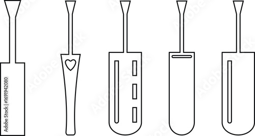 Nail polish brush icon set in black line outline style, beauty cosmetic applicator group collection for manicure and pedicure, minimal vector illustration design