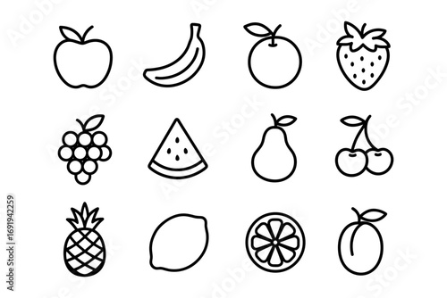 Minimalist outline icons of various fruit collection for design projects