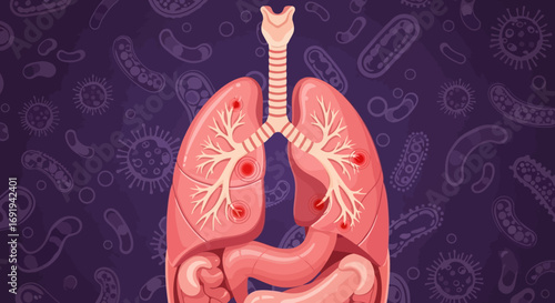 Detailed Illustration of Human Lungs and Respiratory System with Viral and Bacterial Microorganisms Indicating Infection