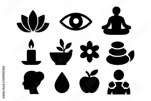 Wellness icons set: meditation, relaxation, and balance symbols in silhouette style