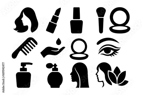 Beauty and makeup icons set featuring silhouette style with hair, cosmetics, and spa elements