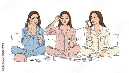 Three young women in pajamas enjoying a relaxing skincare routine together applying facial products and makeup in a cozy bedroom setting