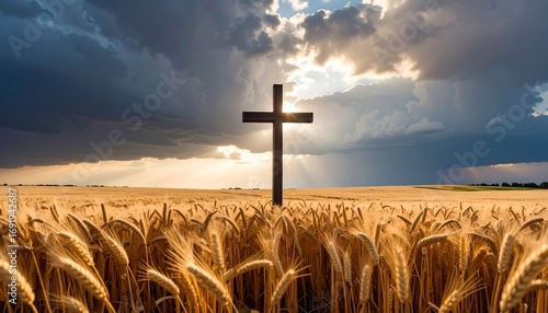 Cross standing silhouetted against stormy skies and golden wheat field