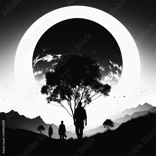Two silhouetted figures walk towards a large tree beneath a massive, dark planet encircled by a bright ring, set against a grayscale mountainous landscape.