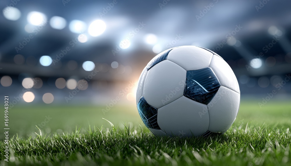 Fototapeta premium A soccer ball is placed on green grass in a stadium with blurred lights in the background, representing a sports scene.
