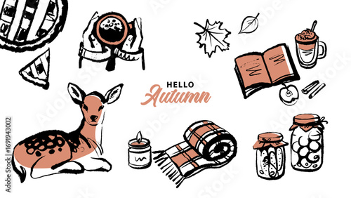 Whimsical sketch handmade scarf and candle. Autumn poster. Cozy seasonal design for banner, invitation, social media. Hand drawn vector illustration.