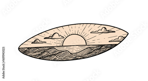 Sunset ocean landscape inside surfboard shape.