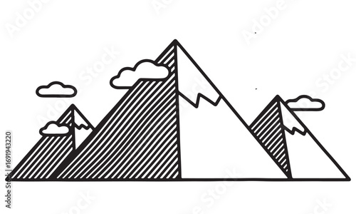 Minimalist mountain range illustration with clouds, linear style, black and white vector design.