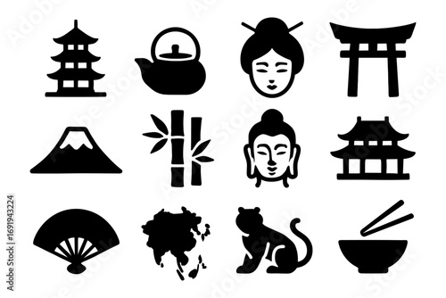 Minimalist asian icons collection: culture, landmarks, and traditions in black and white