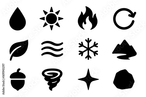 Nature and weather icons set: simple black silhouettes for elements and seasons