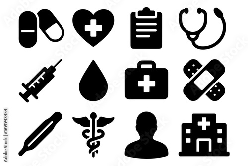 Healthcare icon set: medical symbols including syringe, stethoscope, and first aid kit