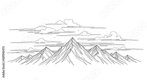 Mountain Range Black and White Illustration with Cloudy Sky