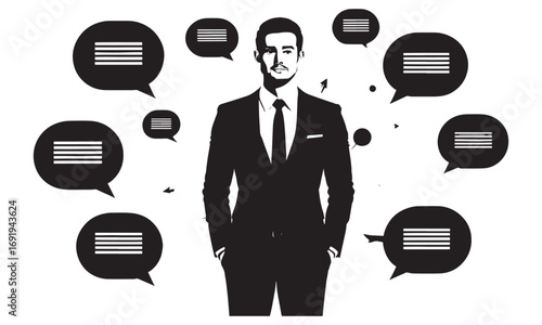 Business communication concept with man in suit surrounded by speech bubbles, vector illustration