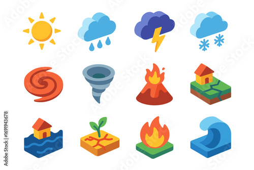 Colorful weather and natural disaster icons in isometric design