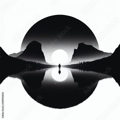 A solitary figure stands in the center of a serene grayscale landscape, reflected in the still water, with a bright sun or moon rising between two majestic mountains in a circular composition.
