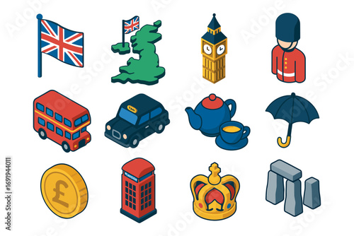 Icon set of british symbols featuring london icons and national landmarks in isometric style