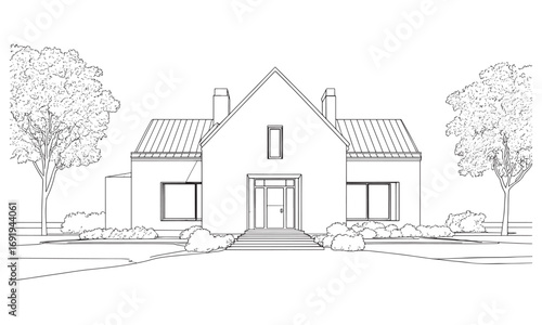 Front elevation drawing of a two-story house with trees and shrubs