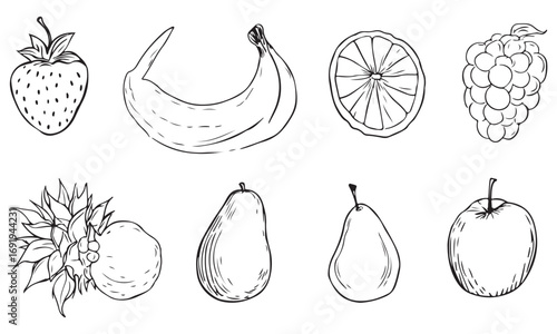 Black and white line art illustration of various fruits including strawberry, banana, orange, and apple
