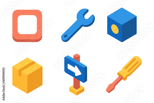 Isometric tools and objects collection with wrench, screwdriver, cube, and sign