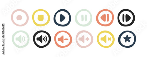 Doodle Music Media Player Icons Set. Color Hand Drawn Play, Pause, Stop, Volume, Equalizer Buttons. Fun and simple outline design for music, video, audio apps, podcast interface, playlist, web, and