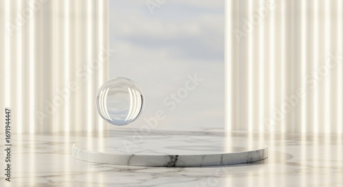 Elegant marble podium with a floating glass sphere for product presentation against a bright abstract background