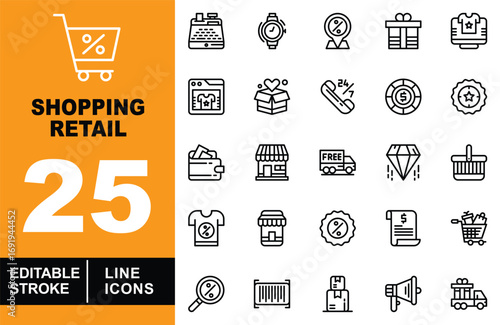 Shopping Retail line icon set. Register, watch, pin, gift, cart, browser, box, phone, coin, badge, wallet, store, truck, diamond, basket, t-shirt, store, badge, receipt, cart, search, barcode, more.