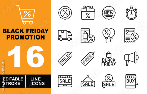 Black Friday Promotion line icon set. Badge, gift, new, stopwatch, truck, mobile, balloon, receipt, tag, sale, free, megaphone, store, buy and more. Editable stroke icons collection.